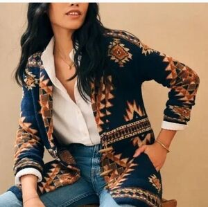 Faherty Yellowtail Lodge Cardigan Women's Medium Wolf Mountain Blue Aztec Print